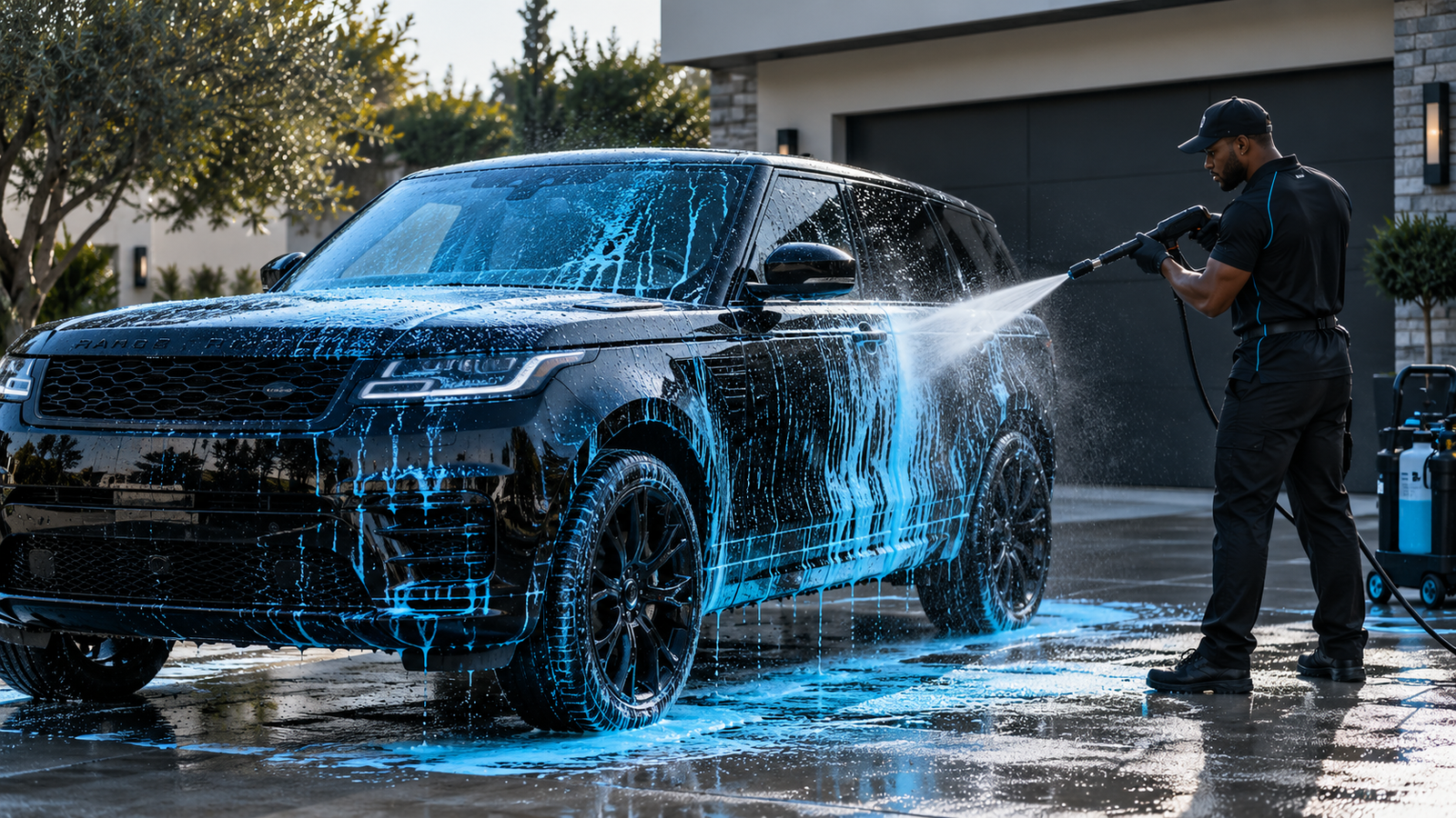 Technician pressure-washing a black SUV with cyan foam