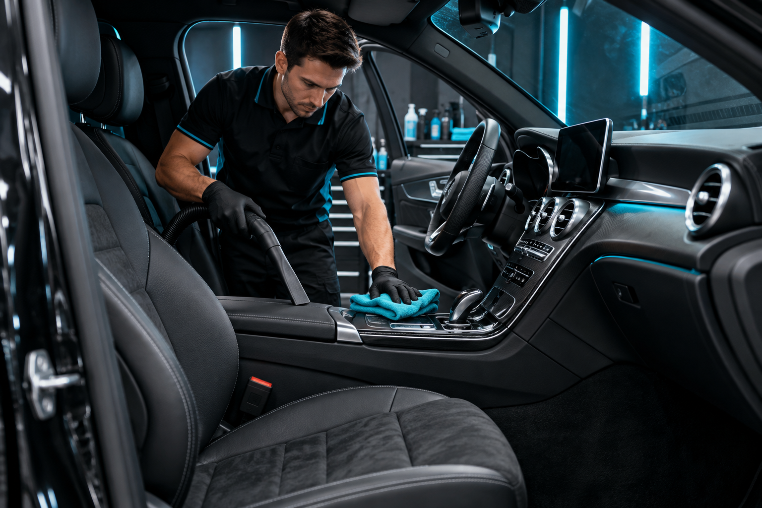 Technician vacuuming a vehicle interior