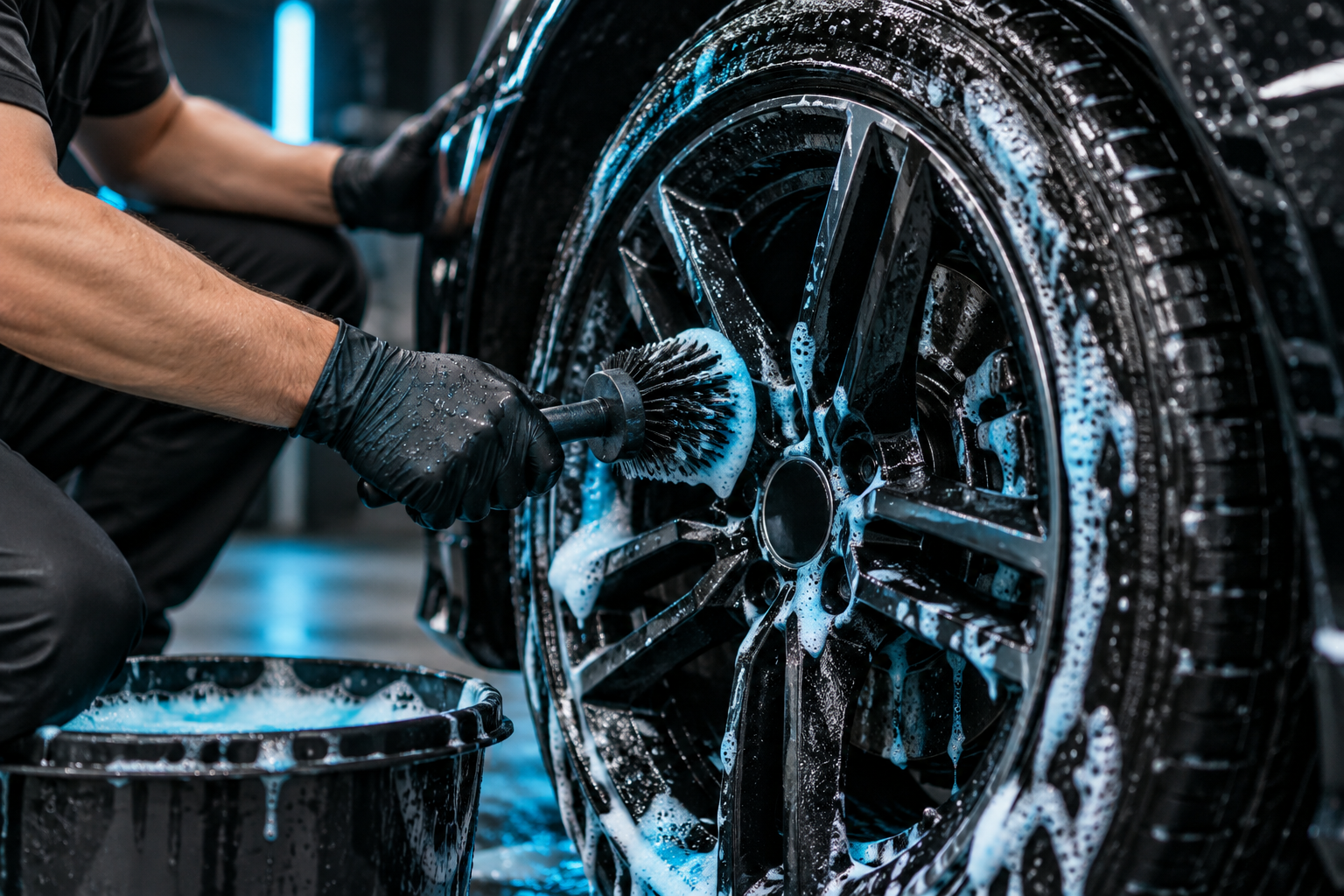 Technician cleaning a wheel with blue foam